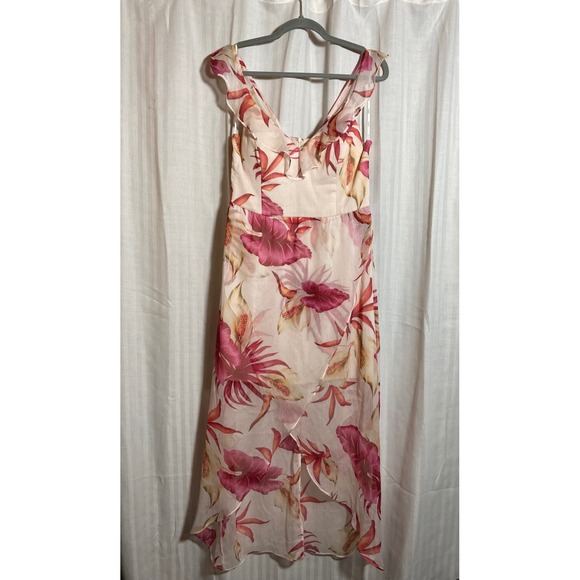 Guess Dresses & Skirts - Guess Women Pink Tropical Floral Ruffle V-Neck‎ High-Low Maxi Dress M Romantic